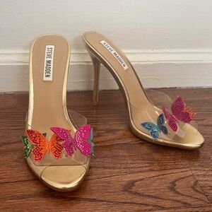 Steve Madden Gold Clear Mule Heels with Multicolor Butterfly Accents